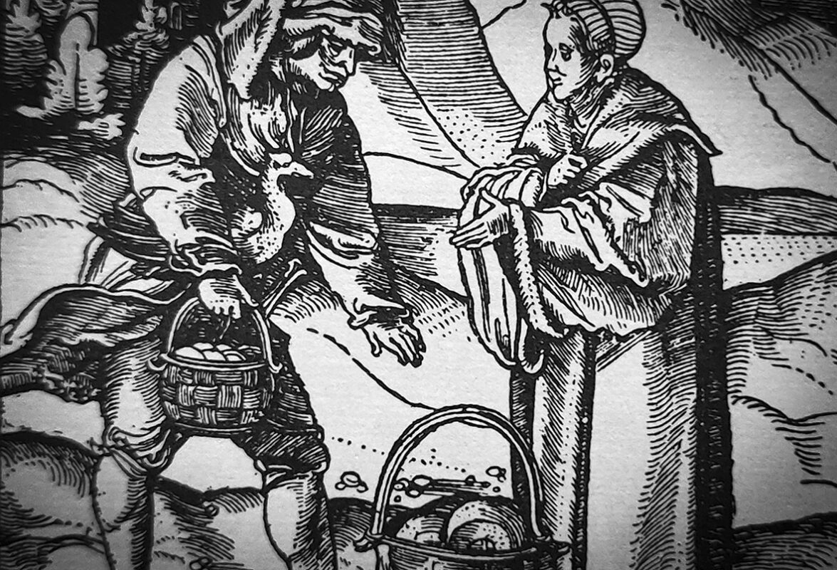 Schriftliche und bildliche Quellen zu Frauen im Zusammenhang mit dem Bauernkrieg sind rar - hier nimt eine Damen die Ablieferung des Zehnten durch einen Bauern entgegen (Holzschnitt von Hans Schäufelein, 1517). Repro: al